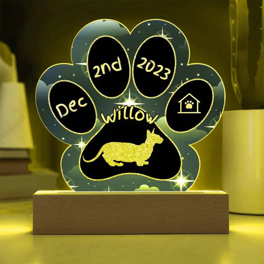Shop our minskin personalized cat gotcha day acrylic paw print plaque featuring the Battery Powered LED Base style option from MySisterIsASurvivor.