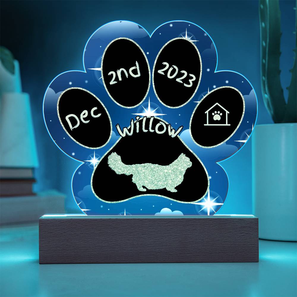 Minuet Cat Gotcha Day Plaque - Personalized 7" LED Acrylic Paw Print Adoption Keepsake