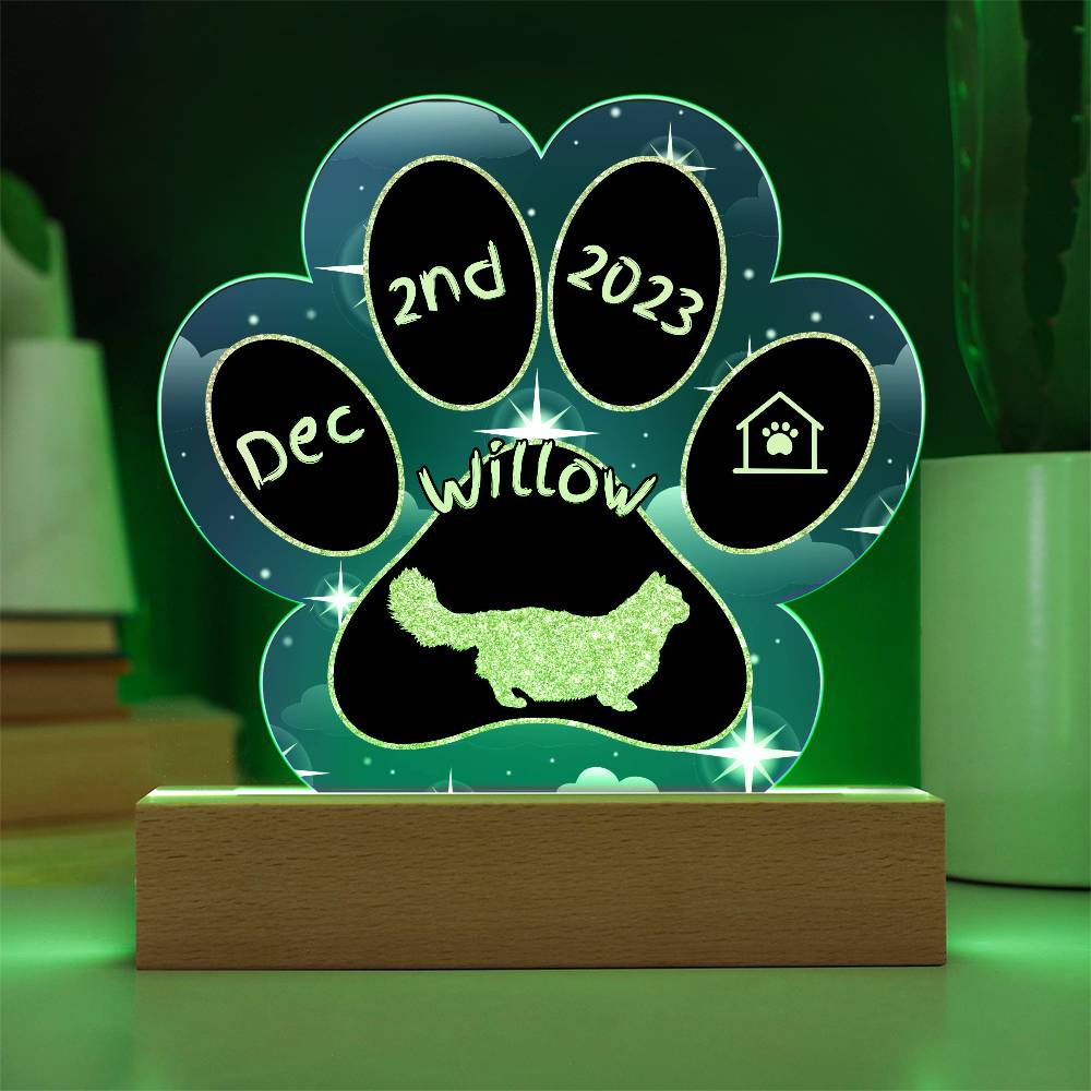Minuet Cat Gotcha Day Plaque - Personalized 7" LED Acrylic Paw Print Adoption Keepsake