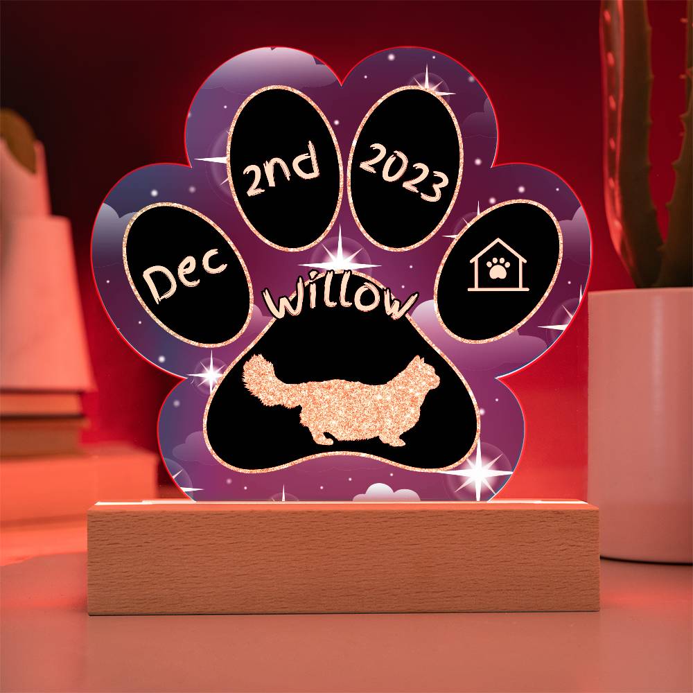 Minuet Cat Gotcha Day Plaque - Personalized 7" LED Acrylic Paw Print Adoption Keepsake