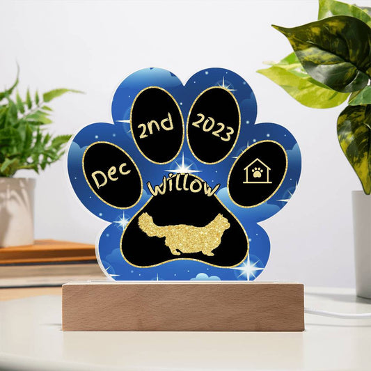 Minuet Cat Gotcha Day Plaque - Personalized 7" LED Acrylic Paw Print Adoption Keepsake