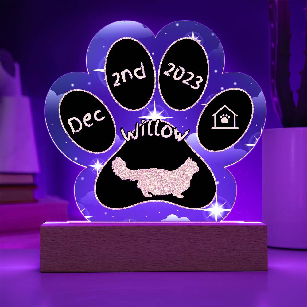 Minuet Cat Gotcha Day Plaque - Personalized 7" LED Acrylic Paw Print Adoption Keepsake