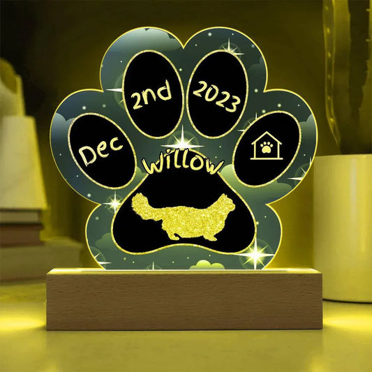 Shop our minuet personalized cat gotcha day acrylic paw print plaque featuring the Battery Powered LED Base style option from MySisterIsASurvivor.