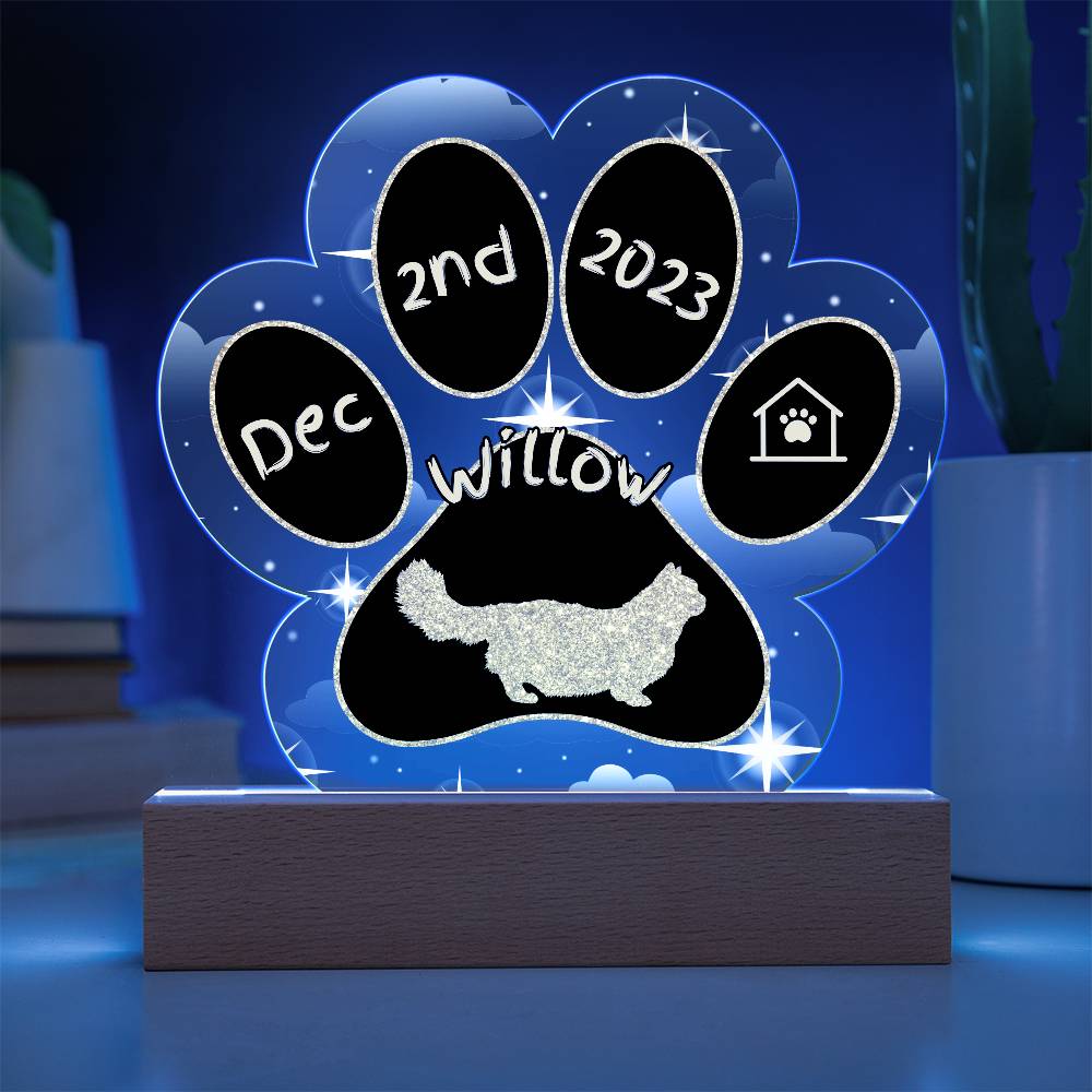 Minuet Cat Gotcha Day Plaque - Personalized 7" LED Acrylic Paw Print Adoption Keepsake