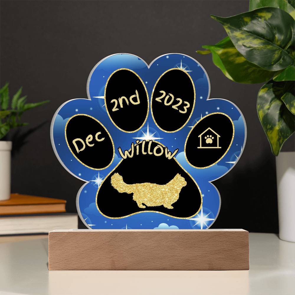 Minuet Cat Gotcha Day Plaque - Personalized 7" LED Acrylic Paw Print Adoption Keepsake