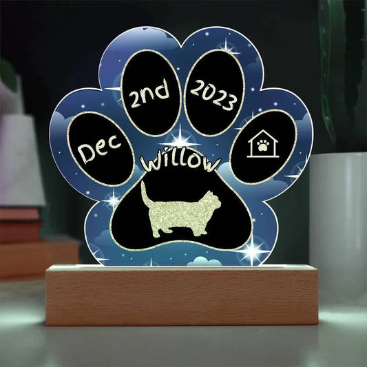 Shop our munchkin personalized cat gotcha day acrylic paw print plaque featuring the Battery Powered LED Base style option from MySisterIsASurvivor.