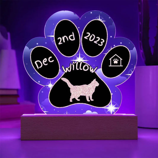 Shop our nebelung personalized cat gotcha day acrylic paw print plaque featuring the Battery Powered LED Base style option from MySisterIsASurvivor.