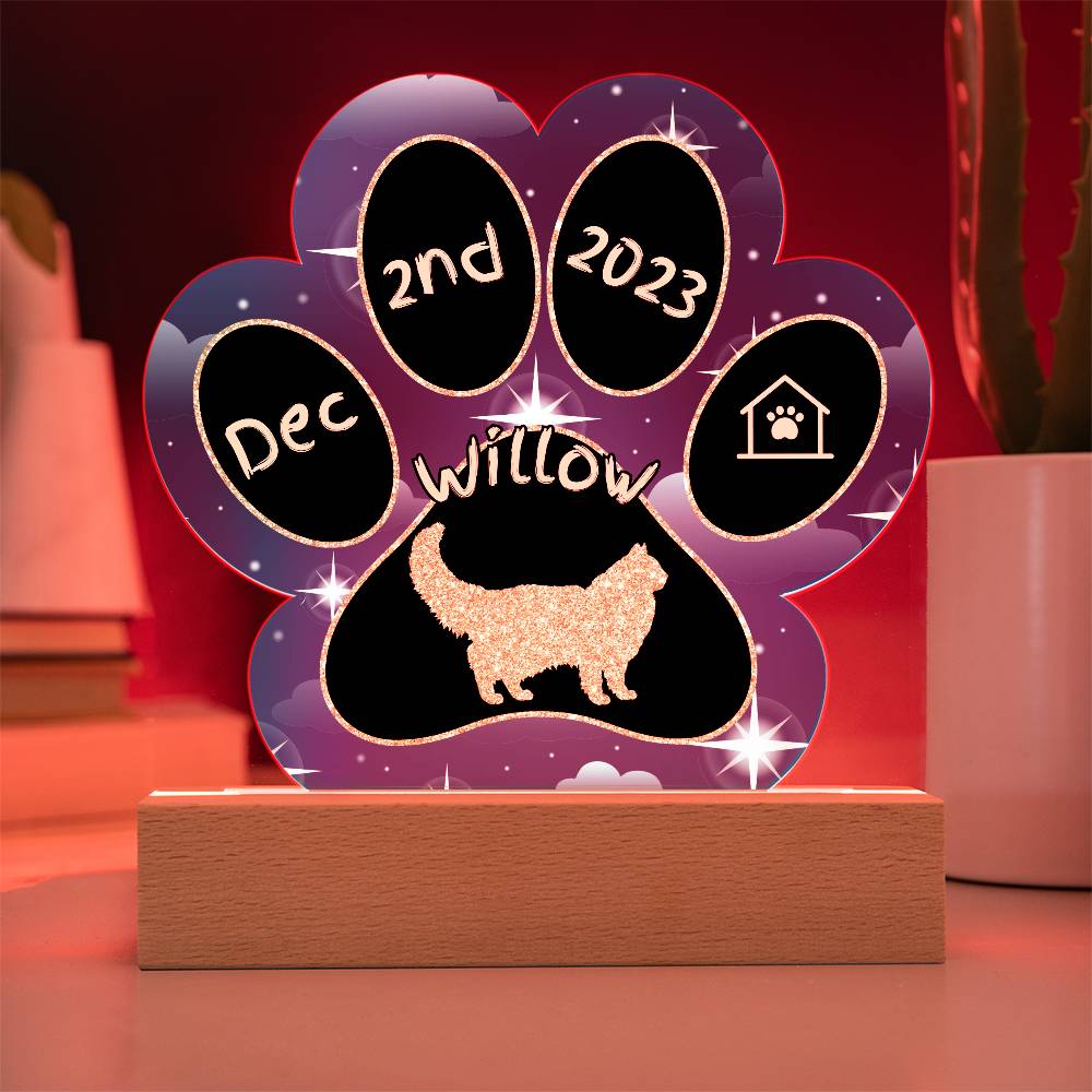 Neva Masquerade Cat Gotcha Day Plaque - Custom 7" LED Acrylic Paw Print Adoption Celebration