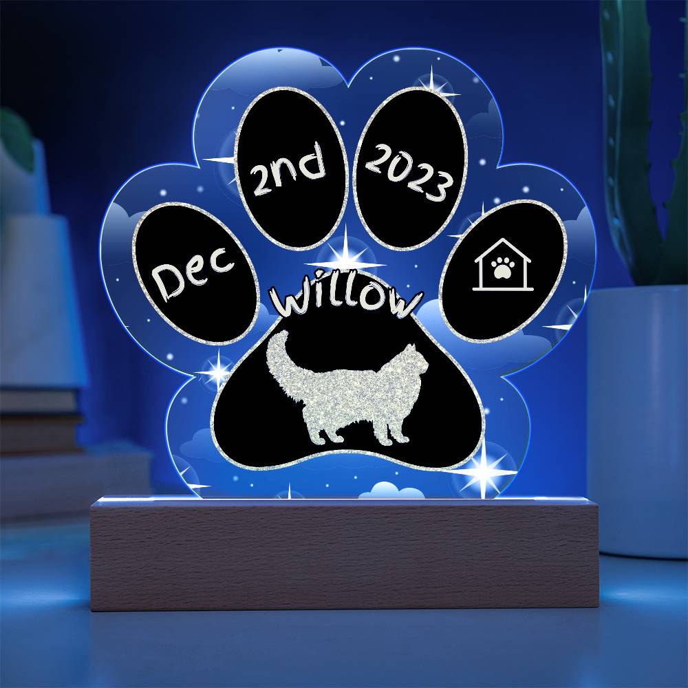 Neva Masquerade Cat Gotcha Day Plaque - Custom 7" LED Acrylic Paw Print Adoption Celebration