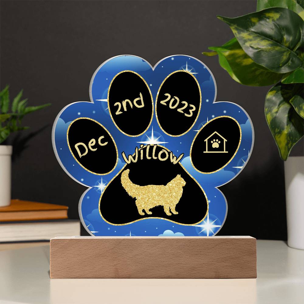 Neva Masquerade Cat Gotcha Day Plaque - Custom 7" LED Acrylic Paw Print Adoption Celebration