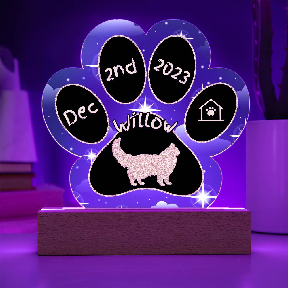 Neva Masquerade Cat Gotcha Day Plaque - Custom 7" LED Acrylic Paw Print Adoption Celebration