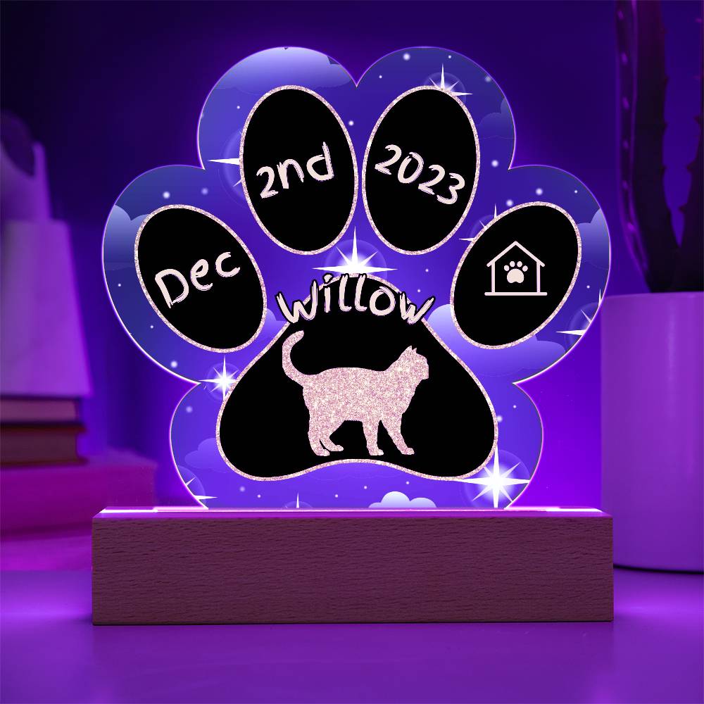 Ojos Azules Cat Gotcha Day Plaque - Personalized 7" LED Acrylic Paw Print Adoption Keepsake