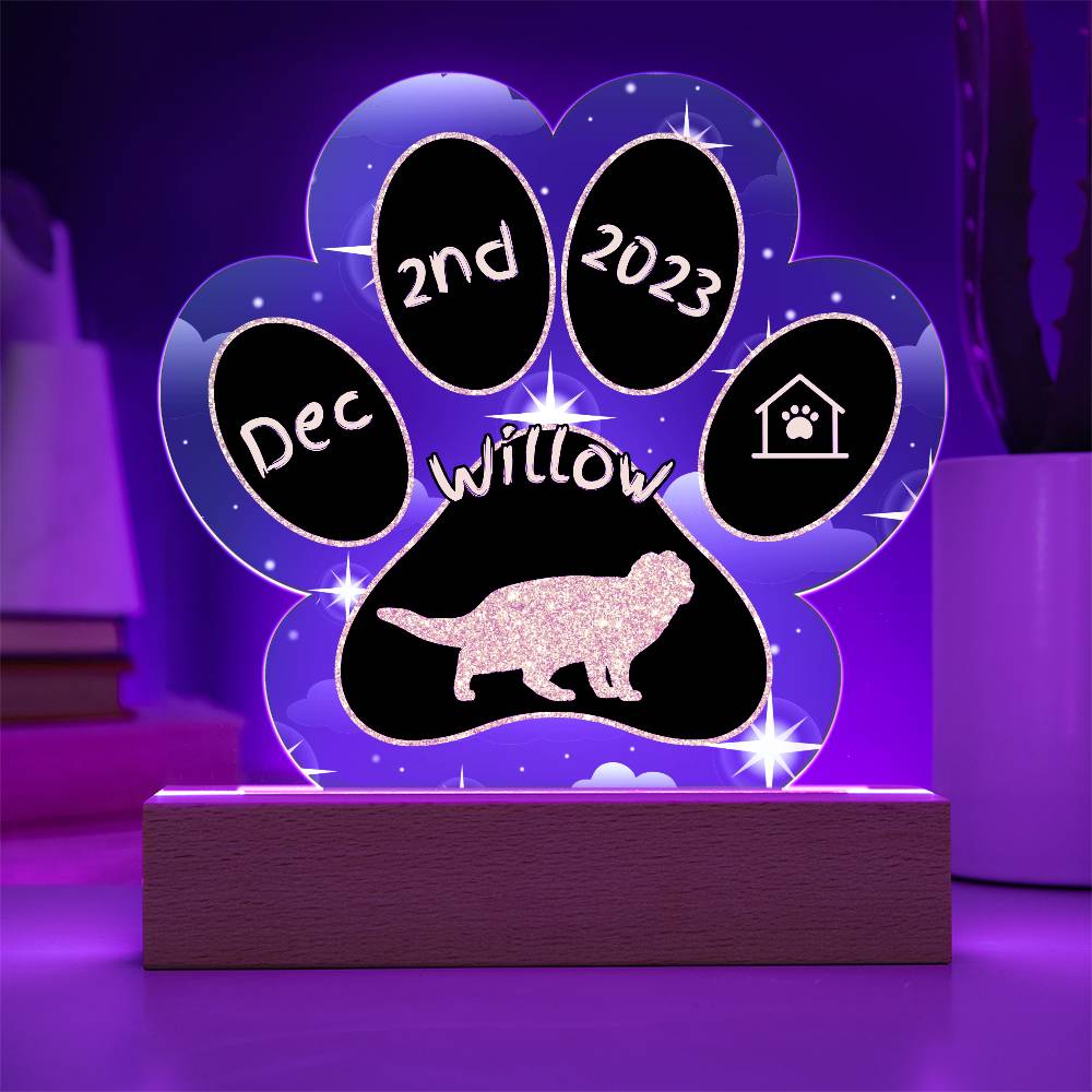 Scottish Fold Cat Gotcha Day Plaque - Personalized 7" LED Acrylic Paw Print Gift