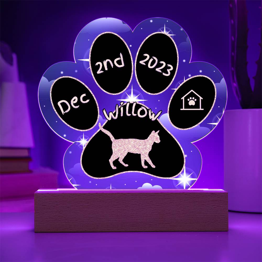 Serengeti Cat Gotcha Day Plaque - Personalized 7" LED Acrylic Paw Print Pet Gift