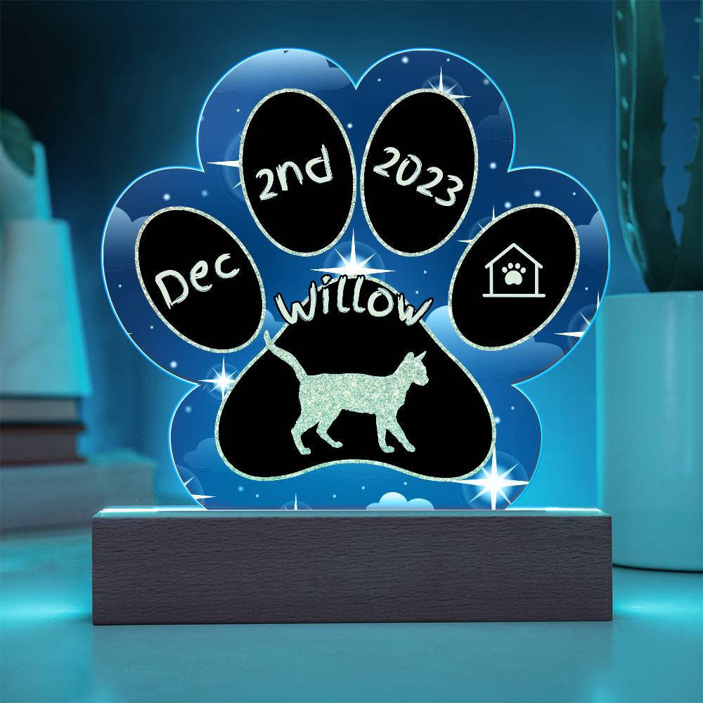 Serengeti Cat Gotcha Day Plaque - Personalized 7" LED Acrylic Paw Print Pet Gift