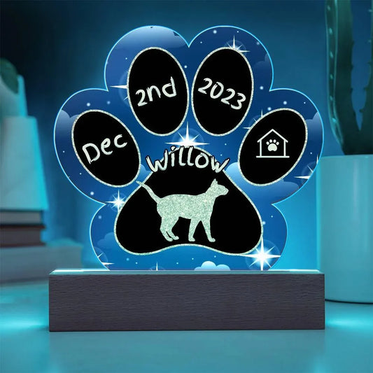 Shop our siamese personalized cat gotcha day acrylic paw print plaque featuring the Battery Powered LED Base style option from MySisterIsASurvivor.