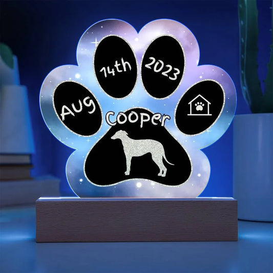 Shop our spanish greyhound personalized dog gotcha day acrylic paw print plaque featuring the Battery Powered LED Base style option from MySisterIsASurvivor.