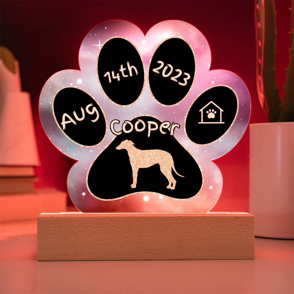 Spanish Greyhound personalized Gotcha Day acrylic dog plaque - 7" paw print sign