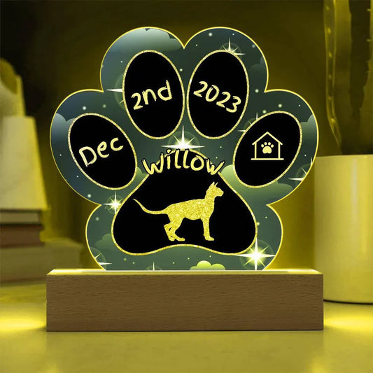 Shop our sphynx personalized cat gotcha day acrylic paw print plaque featuring the Battery Powered LED Base style option from MySisterIsASurvivor.