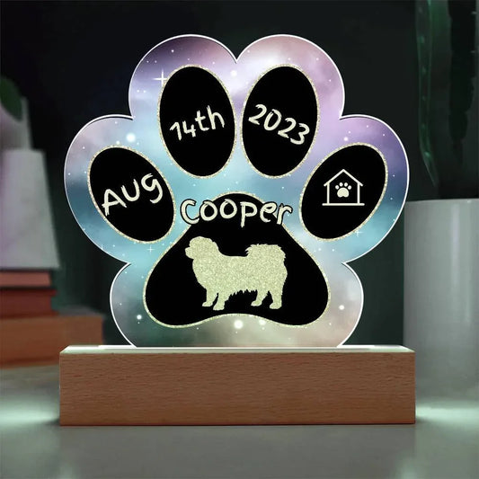 Shop our tibetan spaniel personalized dog gotcha day acrylic paw print plaque featuring the Battery Powered LED Base style option from MySisterIsASurvivor.