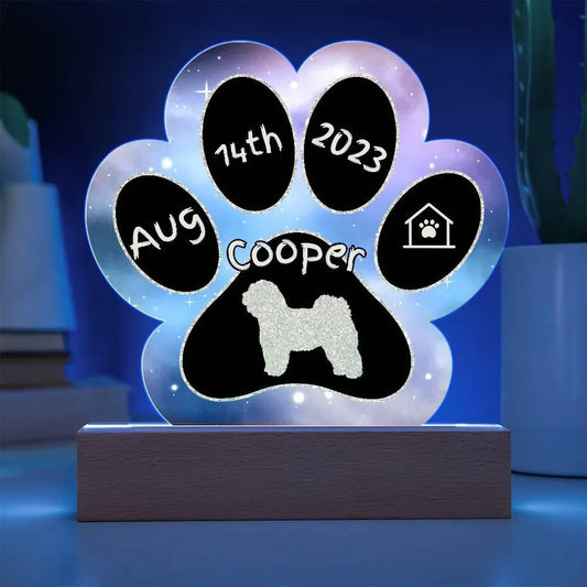 Shop our tibetan terrier personalized dog gotcha day acrylic paw print plaque featuring the Battery Powered LED Base style option from MySisterIsASurvivor.