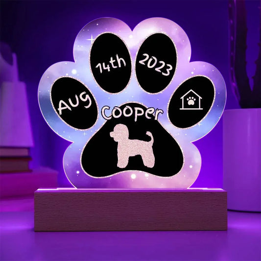 Shop our toy poodle personalized dog gotcha day acrylic paw print plaque featuring the Battery Powered LED Base style option from MySisterIsASurvivor.