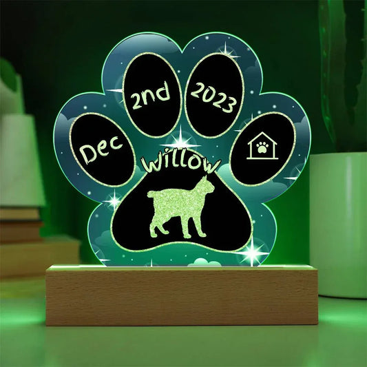 Shop our toybob personalized cat gotcha day acrylic paw print plaque featuring the Battery Powered LED Base style option from MySisterIsASurvivor.