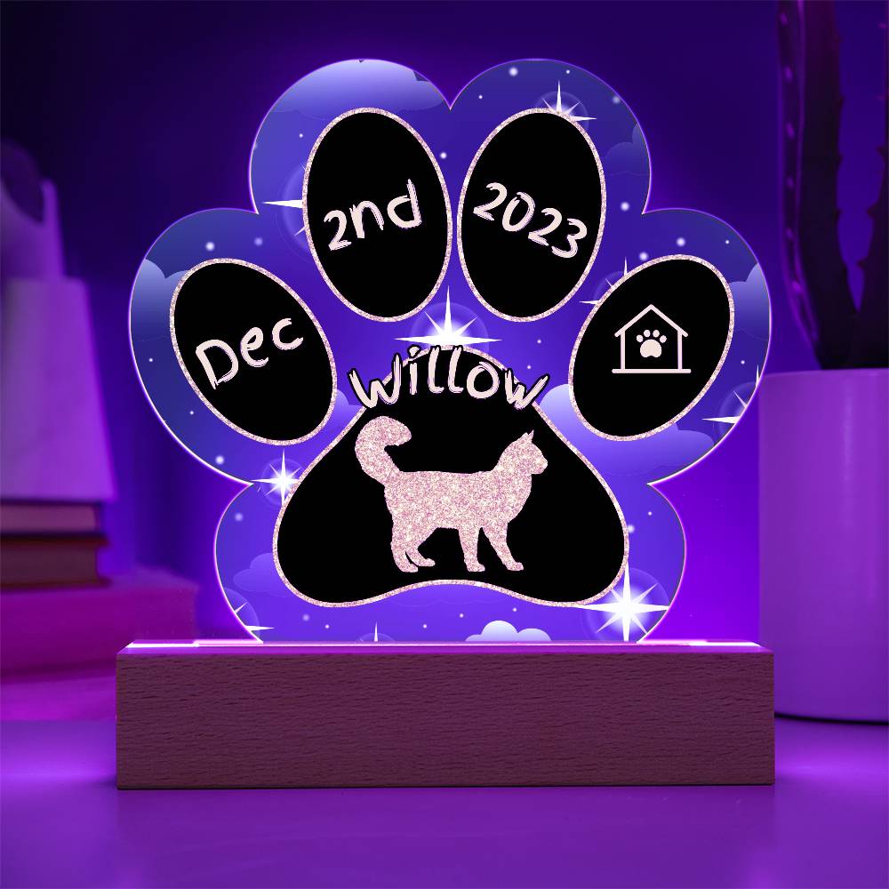 Turkish Angora Cat Gotcha Day Plaque - Personalized 7" LED Acrylic Paw Print Adoption Gift