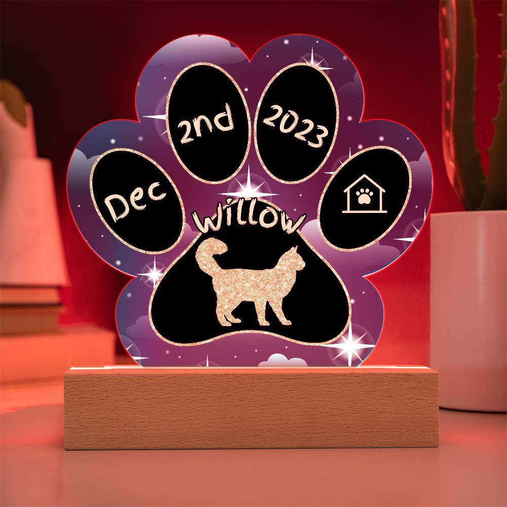 Turkish Angora Cat Gotcha Day Plaque - Personalized 7" LED Acrylic Paw Print Adoption Gift
