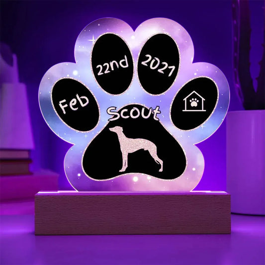 Shop our whippet personalized dog gotcha day acrylic paw print plaque featuring the Battery Powered LED Base style option from MySisterIsASurvivor.