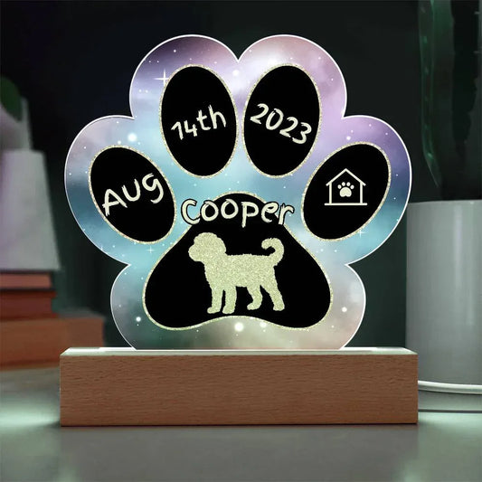 Shop our whoodle personalized dog gotcha day acrylic paw print plaque featuring the Battery Powered LED Base style option from MySisterIsASurvivor.