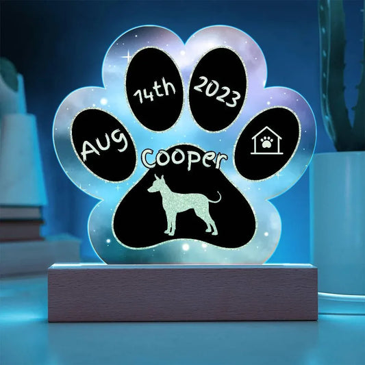 Shop our xoloitzcuintli personalized dog gotcha day acrylic paw print plaque featuring the Battery Powered LED Base style option from MySisterIsASurvivor.
