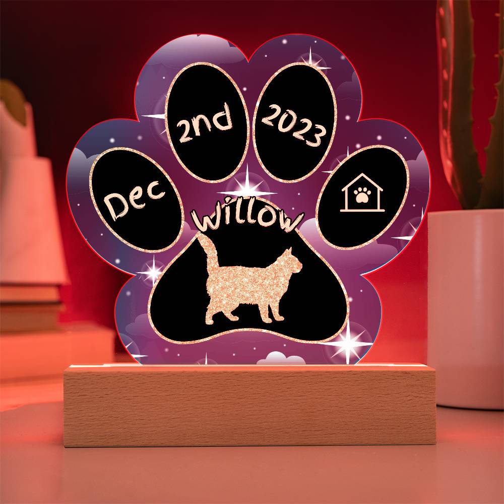 York Chocolate Cat Gotcha Day Plaque - Personalized 7" LED Acrylic Paw Print Adoption Gift