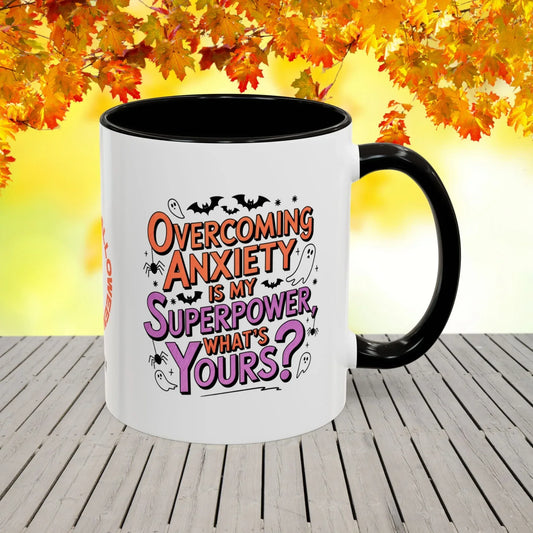 Shop our overcoming anxiety is my super power halloween affirmation mug featuring the 11oz style option from MySisterIsASurvivor.