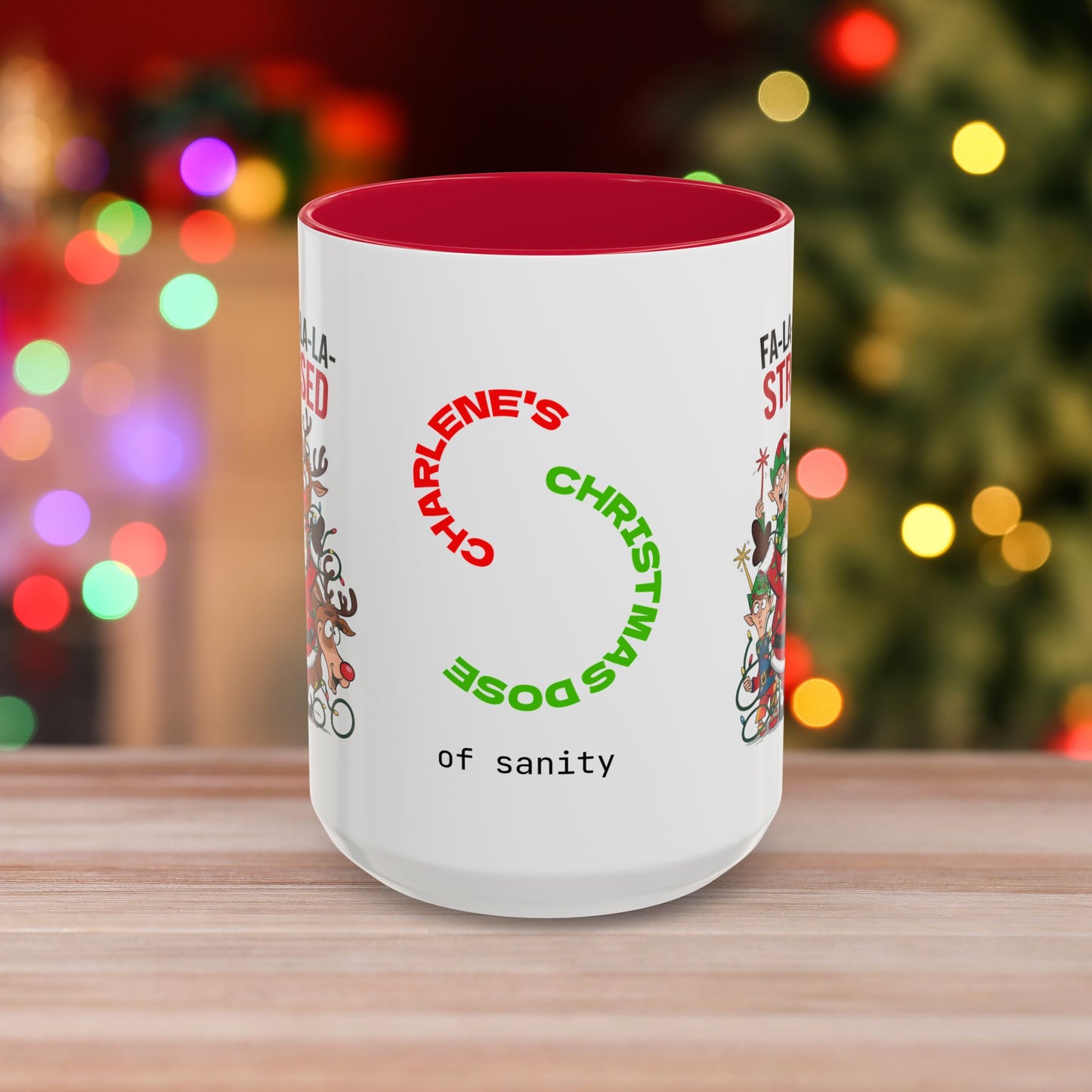 Fa-la-la-la-la Stressed – Humorous Christmas Mug with Colorful Design and Accent Color