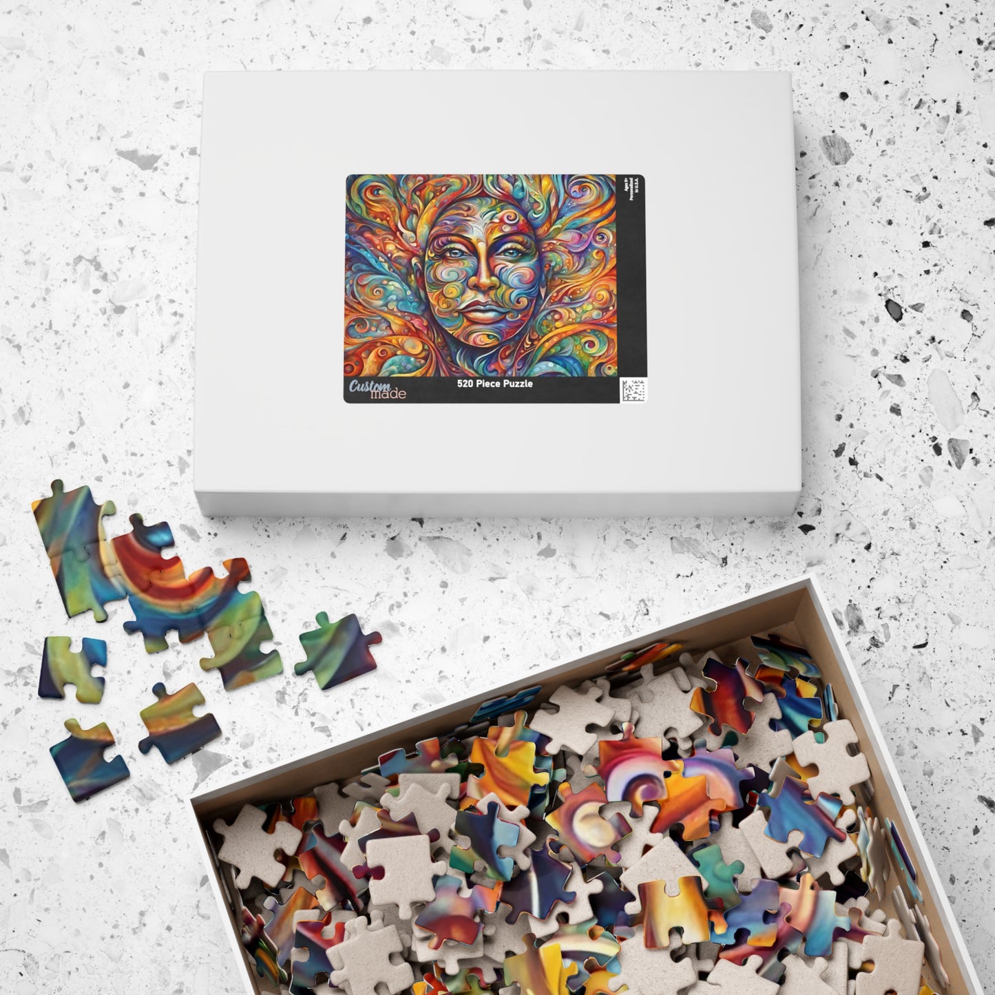 Therapeutic Canvas - Psychedelic Face-as-Canvas Puzzle with Swirling Spirals in Teal, Orange, and Purple