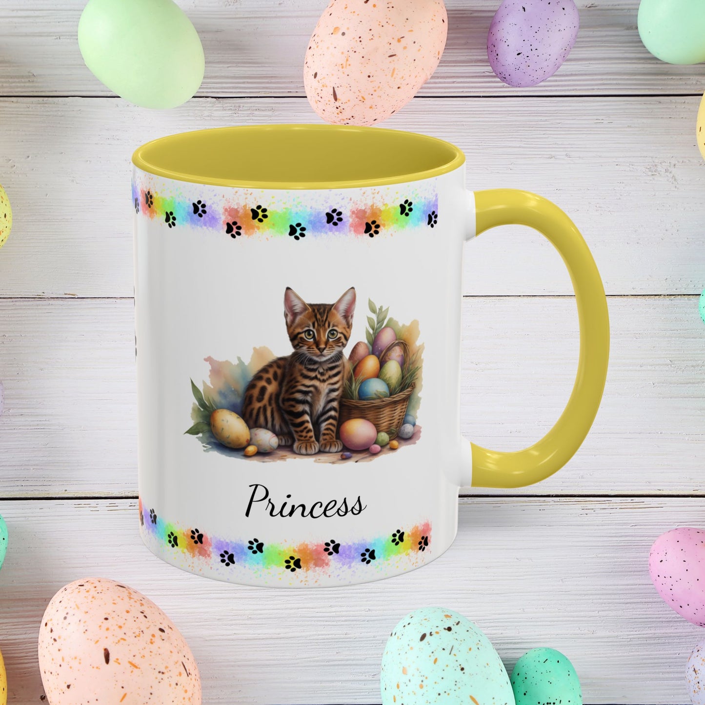 Bengal personalized Easter coffee mug, adorable kitten design, cute cat gift for mental health awareness and comfort