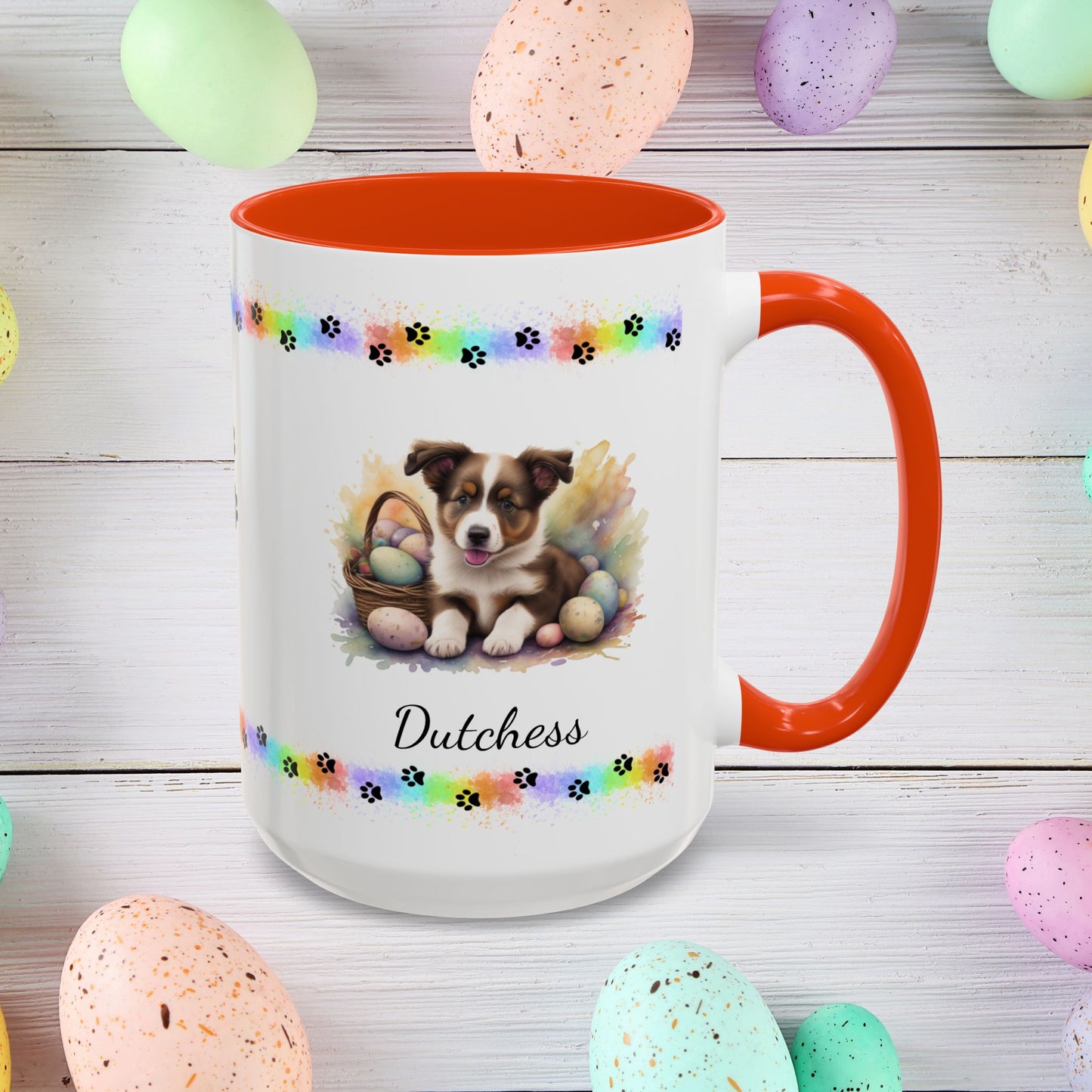 Border Collie Brown & White personalized Easter puppy mug, cute dog coffee cup, mental health awareness gift