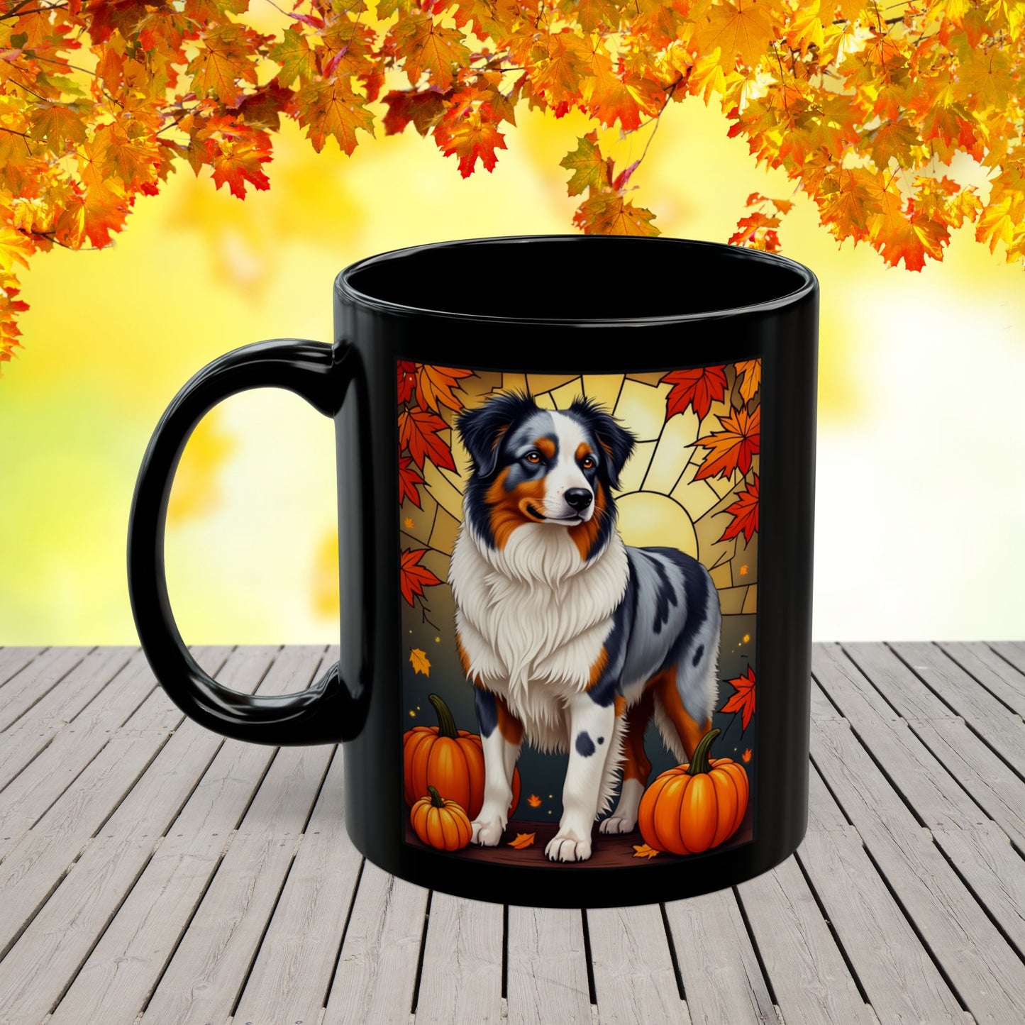 Australian Shepherd Blue Merle - Autumn black mug, personalized Aussie dog coffee cup for pet lovers