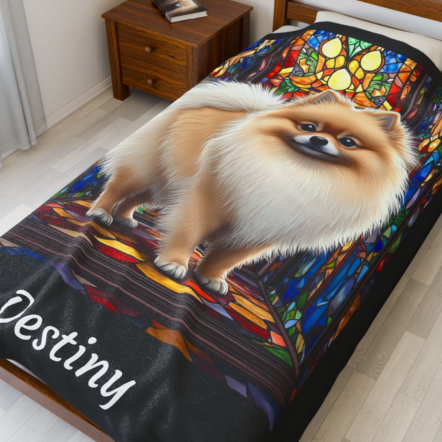 Pomeranian Cream Sable - Velveteen Plush Stained Glass Dog Blanket - Custom Dog Blanket, Pomeranian Lover Gift