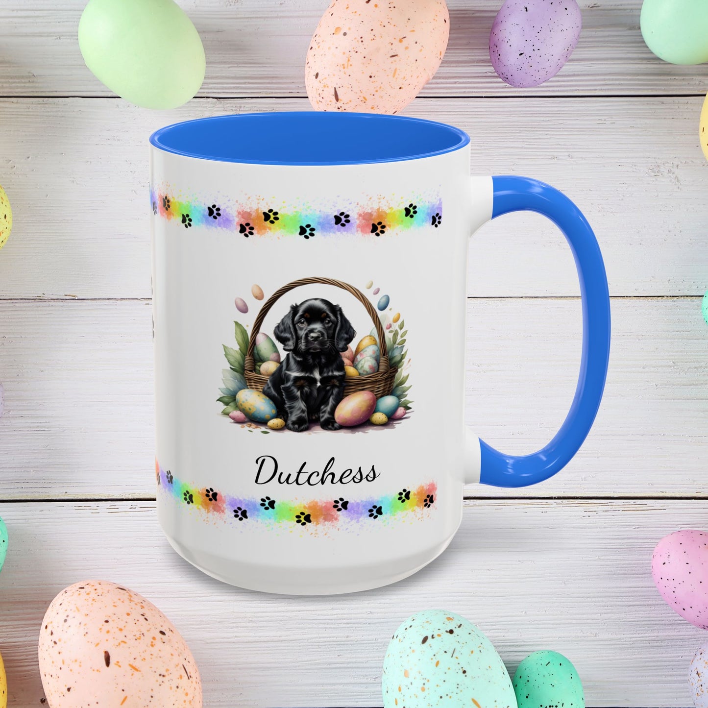 Cocker Spaniel Black personalized Easter puppy mug, cute dog coffee cup gift for mental health awareness