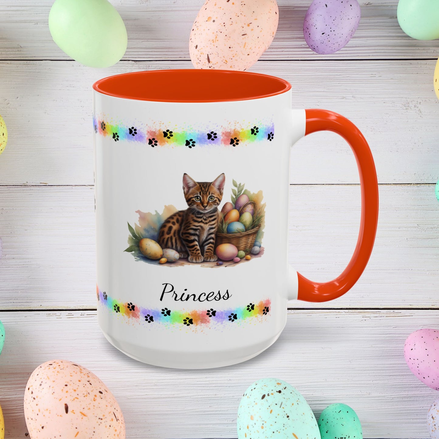 Bengal personalized Easter coffee mug, adorable kitten design, cute cat gift for mental health awareness and comfort