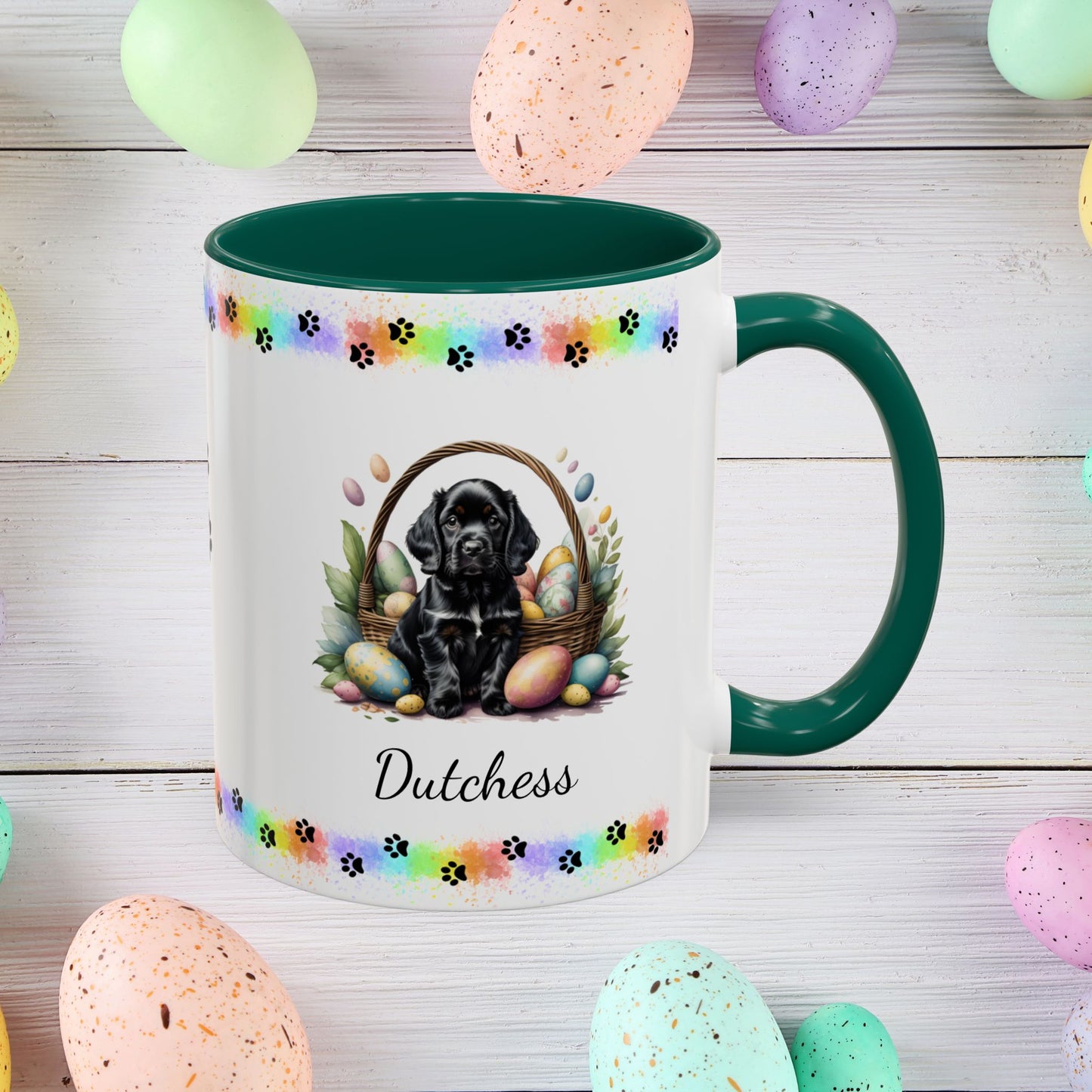 Cocker Spaniel Black personalized Easter puppy mug, cute dog coffee cup gift for mental health awareness