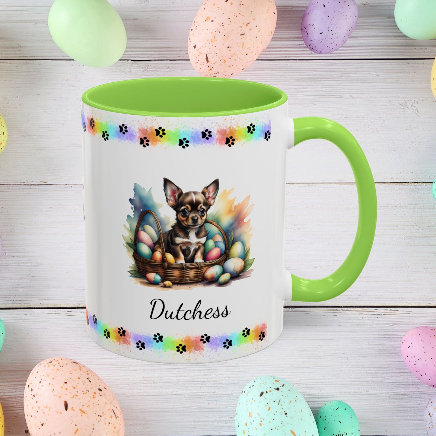 Chihuahua (Black Tri): Personalized Easter Puppy Coffee Mug - Adorable Dog Design, Mental Health Gift, 11oz & 15oz, 12 Color Choices, Easter Gifts & Décor