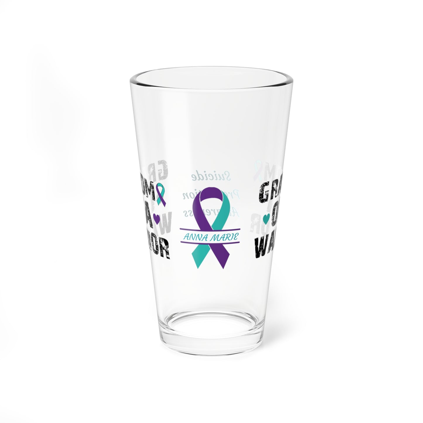 Grandma of a Warrior: Personalized Suicide Prevention Awareness Warrior Pint Glass - Proud Family Member