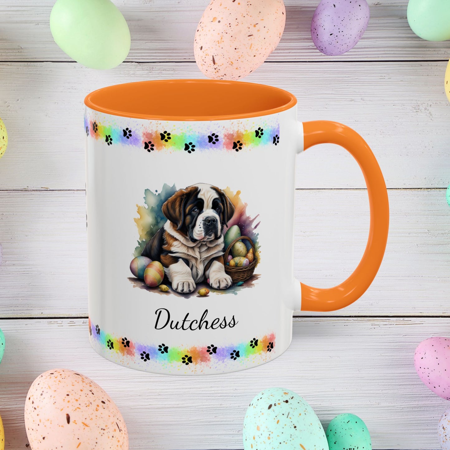 Saint Bernard: Personalized Easter Puppy Coffee Mug - Adorable Dog Design, Mental Health Gift, 11oz & 15oz, 12 Color Choices, Easter Gifts & Décor