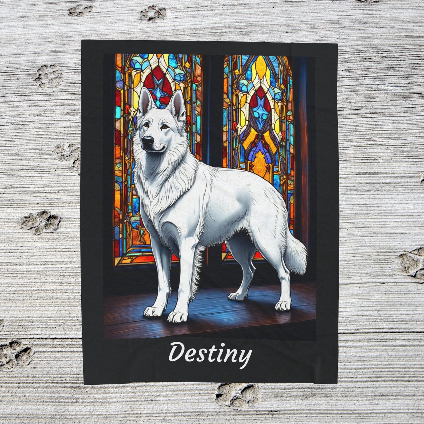German Shepherd White Coat Velveteen Blanket, Stained Glass Dog Art Throw, Personalized Gift