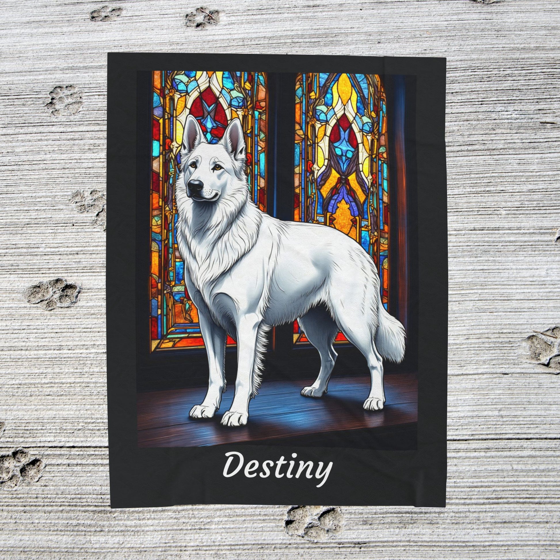 German Shepherd White Coat Velveteen Blanket, Stained Glass Dog Art Throw, Personalized Gift