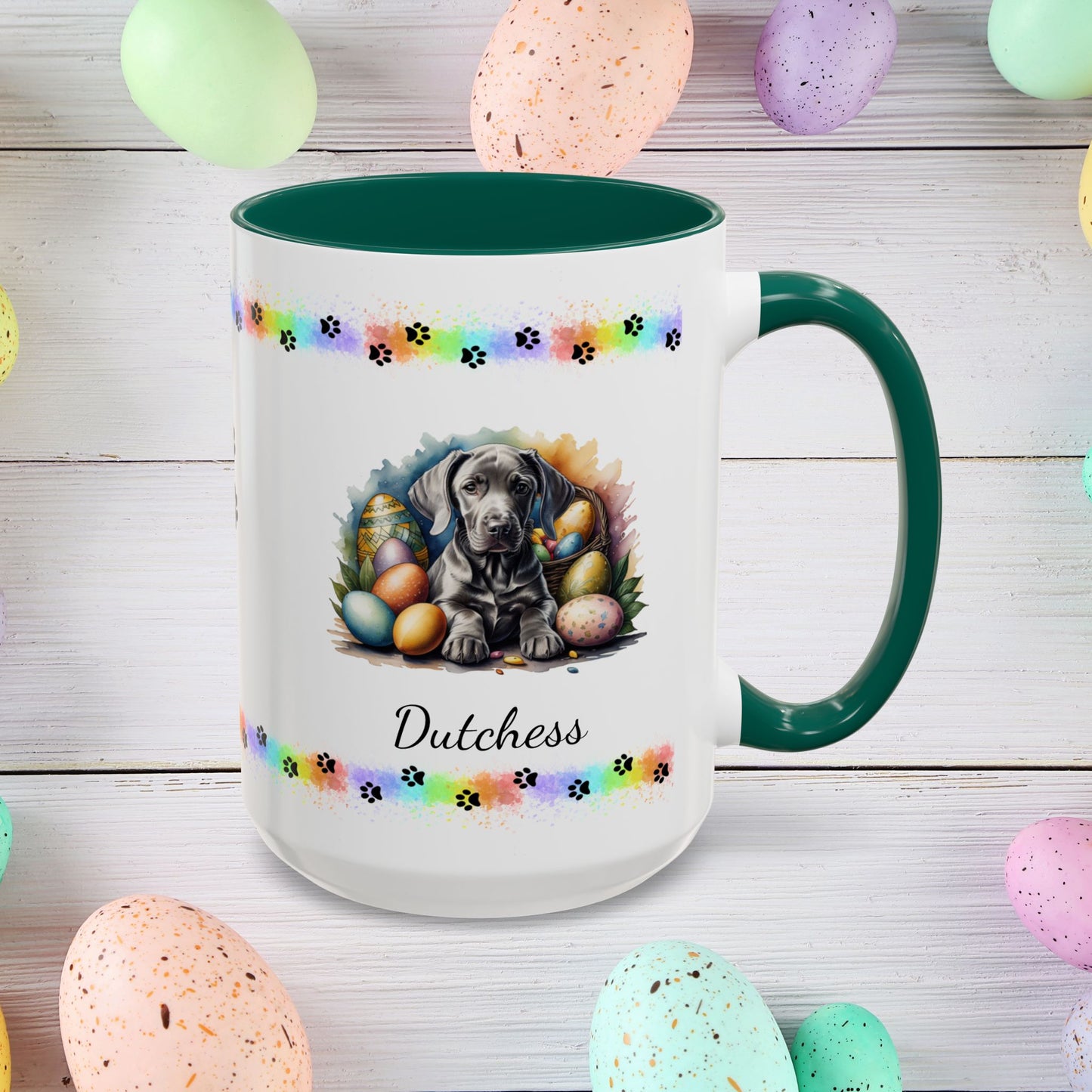 Weimaraner mouse gray Easter puppy coffee mug personalized, charming dog gift for mindfulness and Easter celebration.