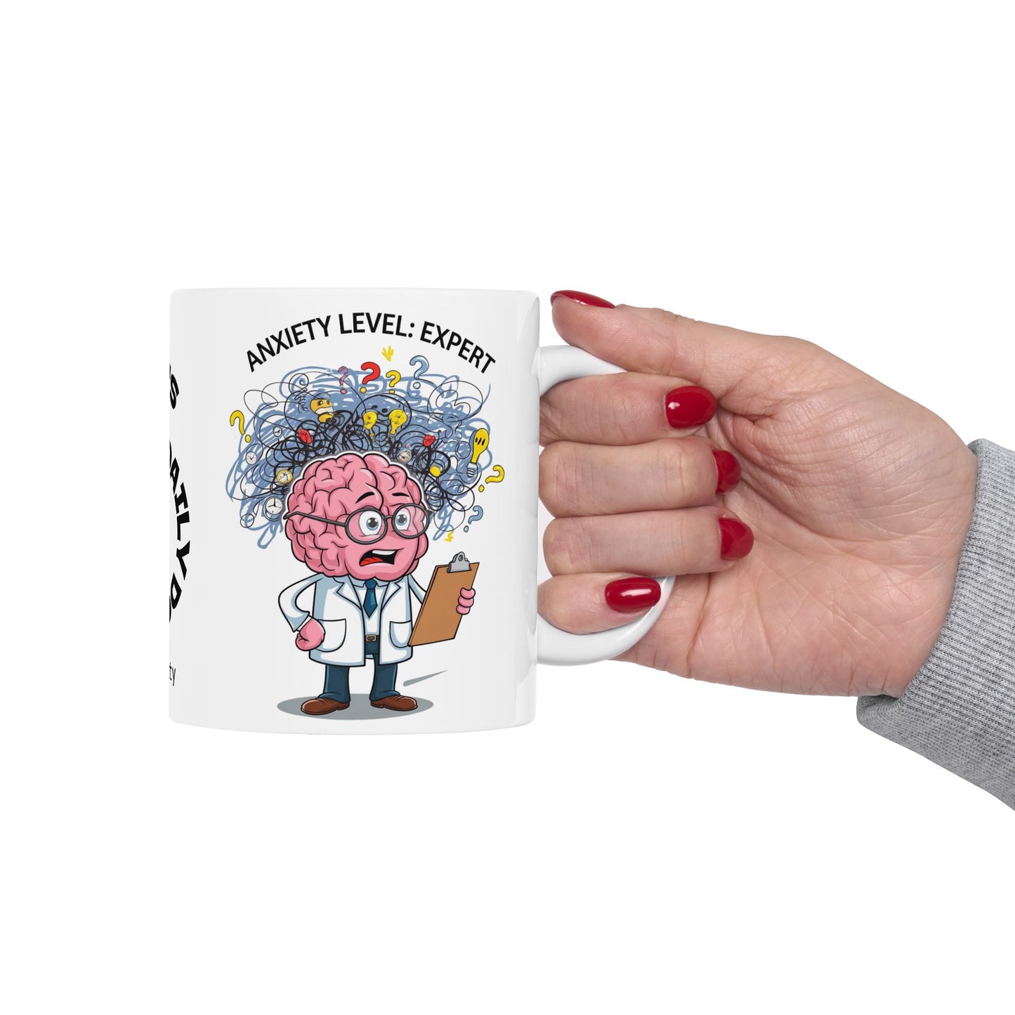 "Anxiety Level: Expert" funny mental health mug with affirmations for anxiety relief and self-care.